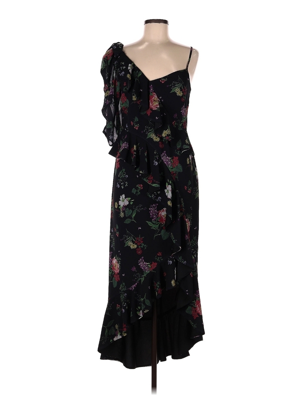 AMUR Black Floral Asymmetrical Ruffle Dress